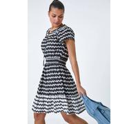 Roman Originals Zig Zag Border Print Shirred Dress for Women UK - Ladies Everyday Holiday Spring Summer Round Neckline Comfy Soft Evening Vacation Work Party - Black - Size 14