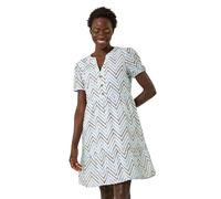 Roman Zig-Zag Embroidered Cotton Tunic Dress for Women UK - Ladies Spring Everyday Summer Holiday V-Neckline Comfy Short Sleeve Soft Knee Length Frock Beach Vacation Gowns - Blue - Size 18