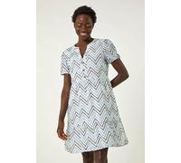 Roman Zig-Zag Embroidered Cotton Tunic Dress for Women UK - Ladies Spring Everyday Summer Holiday V-Neckline Comfy Short Sleeve Soft Knee Length Frock Beach Vacation Gowns - Blue - Size 14