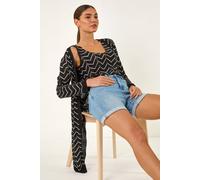 Roman Chevron Stripe Shimmer Longline Cardigan for Women UK - Ladies Spring Everyday Summer Holiday Long Sleeve Soft Lightweight Comfy Daywear Jumper Vacation Sweaters - Black - Size 14