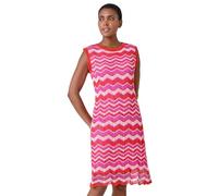 Roman Zig Zag Print Knitted Shift Dress for Women UK - Ladies Spring Everyday Summer Holiday Round Neckline Comfy Sleeveless Soft Knee Length Frock Beach Vacation Gowns - Pink - Size 12