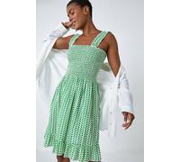 Roman Zig Zag Print Shirred Cotton Dress for Women UK - Ladies Spring Everyday Summer Holiday Square Neckline Comfy Sleeveless Soft Fit & Flare Dress Vacation Beach Gowns - Green - Size 20