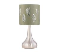 firstchoicelighting Brushed Chrome Touch Operated Table Lamp or Bedside Light, Modern Design, Height 33cm, Sage Green Fern Shade, LED Compatible