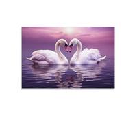 Romance Among Swans Printed Canvas Posters Modernist Style Animals Purple Lake Wall Decor for Living Rooms Bedroom Wall Art
