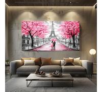 Romance Love Couple Extra Large Canvas Prints Paris Eiffel Tower Wall Art for Living Room Floral Cherry Blossom Paintings for Bedroom Office Home Decor Frameless 60x120cm