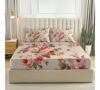 Romance Pastoral Flowers Cream Printed Fitted Sheets for Double (53" x 75") Size Bed,Microfiber Fitted Bed Sheets,Soft Breathable Fade Resistant Bedding with Extra Deep Pocket