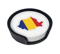 Romania Flag Map print Coasters, 6 Pcs PU Coasters for Drinks, Bars, Party, Birthday Gifts Home Decor Housewarming