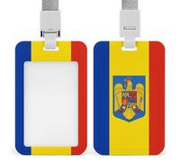 Romania Flag Romanian Coat of Arms Badge Holder Plastic Vertical Name Tag ID Card Holders with Detachable Neck Lanyard