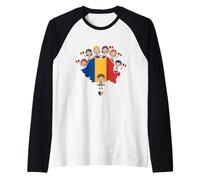 Romanian Map Tricolor Flag Folk Costume Kids Group Raglan Baseball Tee