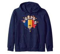 Romanian Map Tricolor Flag Folk Costume Kids Group Zip Hoodie