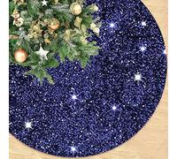 ROMANKAS Navy Blue Sequin Velvet Tree Skirt with Sparkle, Embroidered Collar - 46 Inch, Perfect for 6FT Tree, Christmas & Halloween Decorations