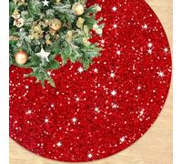 ROMANKAS Red Christmas Tree Skirt 48 Inches Sequin Xmas Tree Skirt Velvet Tree Mat Sparkle Xmas Tree Collar Bling Christmas Tree Cover Skirt Indoor Outdoor Party Christmas Tree Decoration