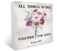 Romans 8:28 All Things Work Together For Good Beautiful Bouquet Wooden Box Sign Desk Decor,Bible Verse Wood Block Sign Desk Decorations for Christian Home Bedroom Girls Room Office Shelf Decor