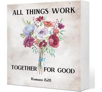 Romans 8：28 All Things Work Together For Good Beautiful Bouquet Wooden Box Sign Desk Decor,Wood Block Sign Desk Decorations For Christian Home Bedroom Girls Room Office Shelf Table Decor 5x5 inch