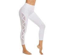 romansong High Waisted Workout Compression Capri Leggings for Women Petite Skinny Mesh Gym Legings with Pockets(White,Small)
