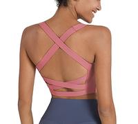 romansong Strappy Yoga Sports Bras for Women Padded Criss-Cross Back Tank Tops, Rose Red, S