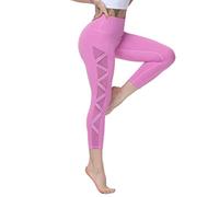 romansong Women's Mesh Leggings Yoga Pants with Pocket, Non See-Through Capri High Waisted Tummy Control 4 Way Stretch, Pink-capris, M