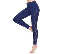 romansong Women's Mesh Leggings Yoga Pants with Pocket, Non See-Through Capri High Waisted Tummy Control 4 Way Stretch, Navy, M