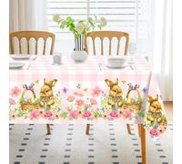 Romanstile Easter Tablecloth Wipeable 200x140 cm Pink and White Gingham Table Cloths Bunny Tablecloths Small Table Cover Water Resistant for Spring Outdoor Party Birthday Coffee Decorations,79x55 inch