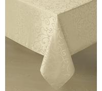 Romanstile Jacquard Rectangle Tablecloth, Waterproof Elegant Damask Curly Floral Pattern Table Cloth, Washable Decorative Polyester Table Cover for Kitchen/Dining/Parties - Beige, 60 x 144 Inch