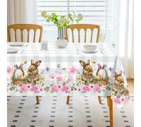 Romanstile Large Easter Tablecloths Wipeable 240x140 cm Grey and White Gingham Table Cloths Bunny Tablecloth Table Cover Water Resistant for Spring Outdoor Party Birthday Coffee Decorations,94x55 inch