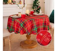 Romanstile Round Christmas Tablecloth Wipe Clean Red Green Gingham Xmas Table Cloth 229 cm（90 inch Diameter Large Table Cover Decor Tabletop for Outdoor Autumn Party Wedding Home New Year Festive