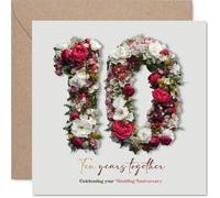Romantic 10th Anniversary Card - A Decade of Love - Elegant Floral '10' Design in Soft Pinks and Greens - 145mm Square, Envelope Included