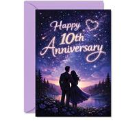 Romantic 10th Anniversary Card - Starlit Nights and Ten Magical Years - Dreamy Couple Motif under a Purple Sky - Celebrate a Decade of Love Together - A5, Envelope Included