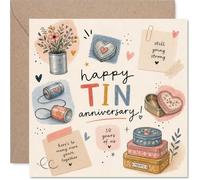 Romantic 10th Anniversary Card, Still Going Strong | Playful Tins and Scribbled Notes Illustration, Celebrating 10 Years Together in Style, 145mm Square, Envelope Included