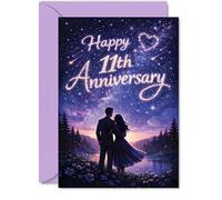 Romantic 11th Anniversary Card - Dreamy Starlit Sky and Couple Silhouette - Celebrates Romance on Your Special 11th - 5x7 Inch, Envelope Included