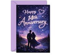 Romantic 14th Anniversary Card - Starlit Skies Set the Mood - Romantic Couple under a Dreamy Purple and Blue Night - 5x7 Inch, Envelope Included