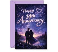 Romantic 14th Anniversary Card - Starry-eyed Celebration - Romantic Couple Beneath a Sparkling Night Sky - Perfect for Marking Fourteen Years Together - A5, Envelope Included