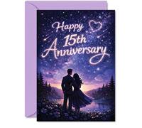 Romantic 15th Anniversary Card - Starry Night Romance - Silhouetted Couple under Purple and Blue Sky - Magical Touch for a 15th Milestone - A5, Envelope Included