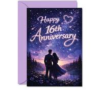 Romantic 16th Anniversary Card - under the Stars Together - Romantic Couple Scene with Dreamy Purple and Blue Sky - Celebrating Sixteen Magical Years - 5x7 Inch, Envelope Included