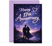 Romantic 17th Anniversary Card - Starry-eyed Celebration - Dreamy Couple Silhouette under a Night Sky - Elegant Way to Mark Seventeen Years of Love - 5x7 Inch, Envelope Included