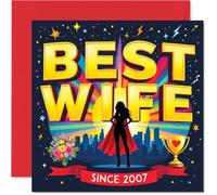 Romantic 19th Anniversary Card - Celebrating Superhero Status - Bold 'best Wife Since 2007' Design with Trophy and Florals - 145mm Square, Envelope Included