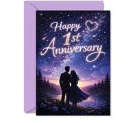Romantic 1st Anniversary Card - Starry-eyed Celebration - Dreamy Couple Silhouette under a Magical Night Sky - 5x7 Inch, Envelope Included