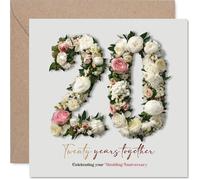Romantic 20th Anniversary Card - Celebrate Two Decades of Love - Elegant Floral '20' Design with Soft Pinks and Greens - 145mm Square, Envelope Included