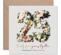 Romantic 25th Anniversary Card - Floral Number 25 in Full Bloom - Elegant Pink, White and Green Design - 145mm Square, Envelope Included