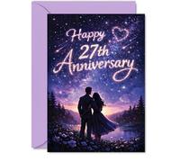 Romantic 27th Anniversary Card - Starry Sky Romance - Silhouetted Couple Celebrating under Dreamy Purple and Blue Night - 5x7 Inch, Envelope Included