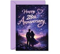 Romantic 28th Anniversary Card - Starry Night Romance - Couple under the Stars with Dreamy Purple and Pink Sky - 5x7 Inch, Envelope Included