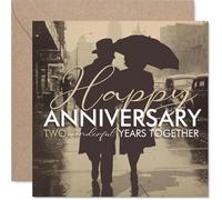 Romantic 2nd Anniversary Card - Celebrate Two Years Together - Vintage Couple under Umbrella Design - Nostalgic Charm for Your Special Day - 145mm Square, Envelope Included
