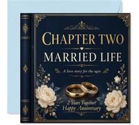 Romantic 2nd Anniversary Card, Chapter Two of Our Love Story | Elegant Navy and Gold Book-style with Floral Detail, 145mm Square, Envelope Included
