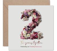 Romantic 2nd Anniversary Card - Two Years of Love and Laughter - Elegant Floral Number 2 Design on a Soft Grey Backdrop - 145mm Square, Envelope Included