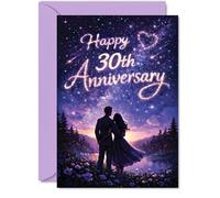 Romantic 30th Anniversary Card - Dreamy Starry Sky Celebration - Silhouetted Couple under Purple and Blue Night - A Magical Touch for a Milestone Moment - A5, Envelope Included