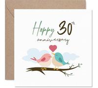 Romantic 30th Anniversary Card - Two Lovebirds on a Branch - Cute 30th Design with Pink, Blue and Green - 145mm Square, Envelope Included