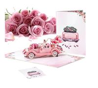 Romantic 3D Card For Wife - Vintage Car Wedding Blessing, Elegant Greeting For Engagement Ceremony, Exquisite Floral Creation In White Pink Paper | For