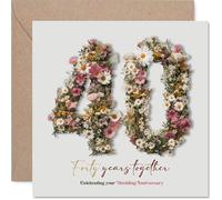 Romantic 40th Anniversary Card - Forty Years of Love in Bloom - Elegant Floral 40 Motif in Cheerful Pinks and Yellows - 145mm Square, Envelope Included