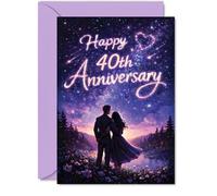 Romantic 40th Anniversary Card - Stargazing Together for Forty Years - Dreamy Couple Beneath a Colourful Night Sky - 5x7 Inch, Envelope Included