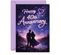 Romantic 40th Anniversary Card - Starlit Sky Celebration - Silhouetted Couple and Sparkling Stars in Dreamy Purples and Pinks - A5, Envelope Included